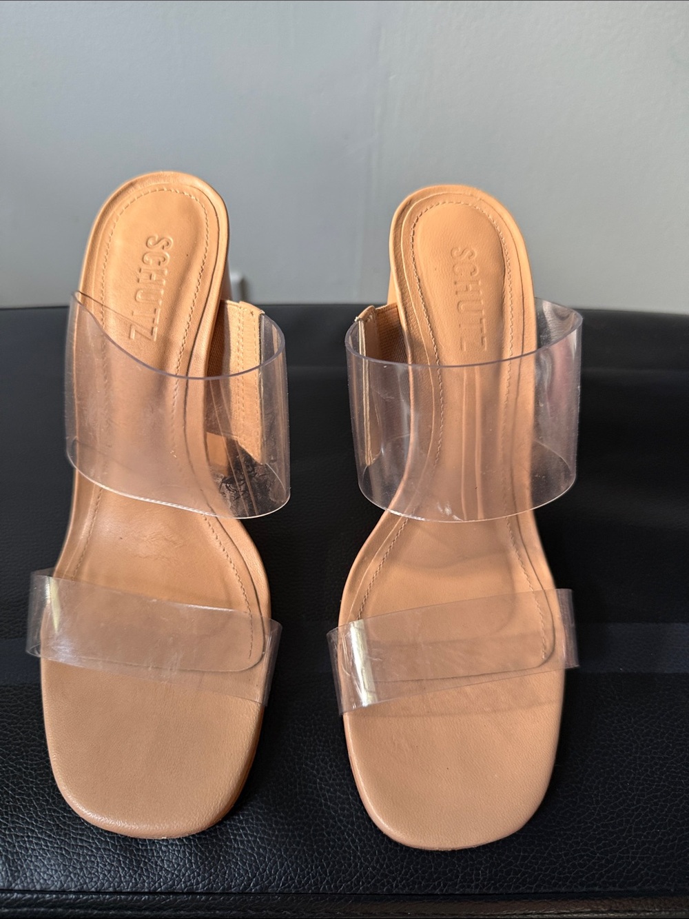 SCHUTZ Tan Mule Sandals with Clear Straps